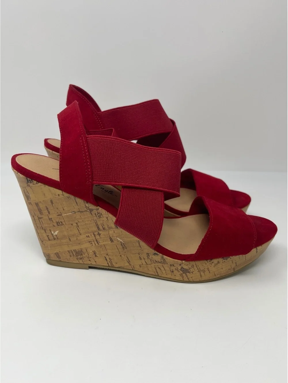 American Eagle Heels Womens Sz 9.5 Wedge Platform Sandals Red Suede Elastic Cork